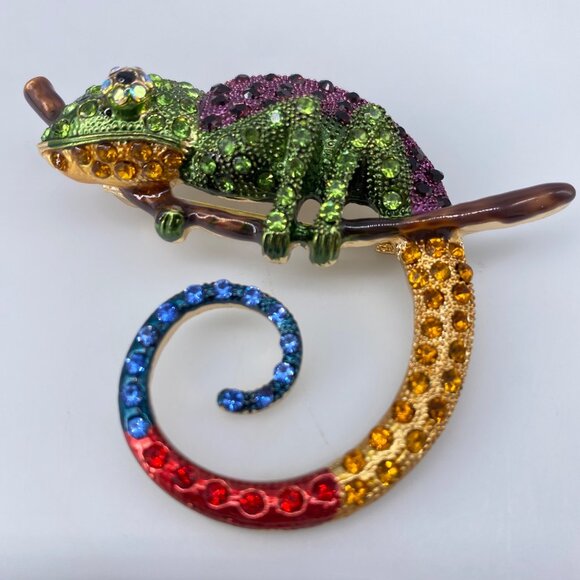 CHAMELEON BROOCH Pin Pendant Rhinestone Green Head Enamel Lizard Costume Jewelry - Picture 6 of 6